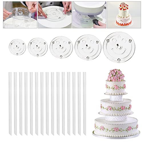 LdawyDE Présentoirs à Gâteaux, 5 bases à gâteaux (9/12/16/20/20/26 cm) avec 15 chevilles à gâteaux Supports à gâteaux à plusieurs étages Réutilisables pour décorer Mariage Party Festival Gâteaux