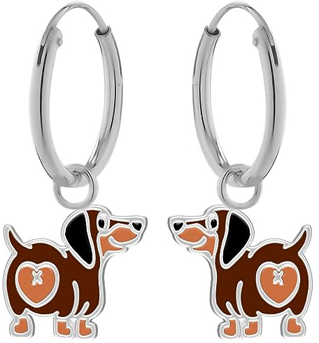 LOVE YOUR CITY Ohrringe Creolen Dackel mit Herz – Kinderschmuck für Mädchen aus 925 Sterling Silber & Emaille – Hund Motiv – In Geschenkbox