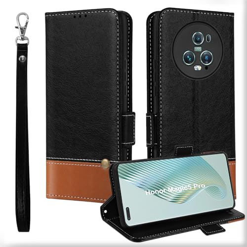 Für Honor Magic 5 Pro 5G Hülle, Kartenfächer Leder Magnet Handyhülle,Stoßfeste Brieftasche für Honor Magic5 Pro Klapphülle, TPU Bumper Schutzhülle Case Cover für Honor Magic5 Pro Schwarz