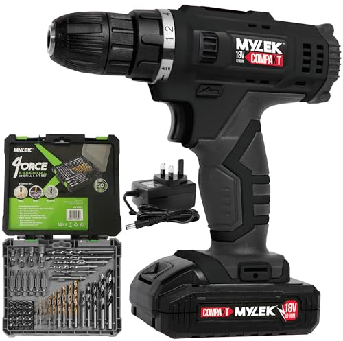 MYLEK MYW09 18V Cordless Drill Electric Screwdriver Set, Powerful Lithium Ion Battery Pack, 18 Volts Combi Driver with MYLEK 4ORCE Accessory Kit (50 Piece)