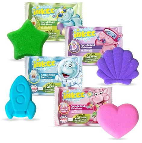 INKEE Bath Fizzer Mix 4er Pack - 4x Sprudelbad Kinder Badebomben mit Mandelöl, Badekugeln 4x 20g mit Aroma - 4 verschiedene Fraben, Duften und Formen