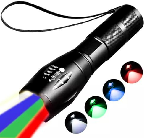MODOAO 4 in 1 LED Torches Rechargeable Red, Green, Blue and White Light Torch Zoomable Waterproof Multicolour Torch 4 Modes Photo Refill Light for Fishing, Camping, Hiking