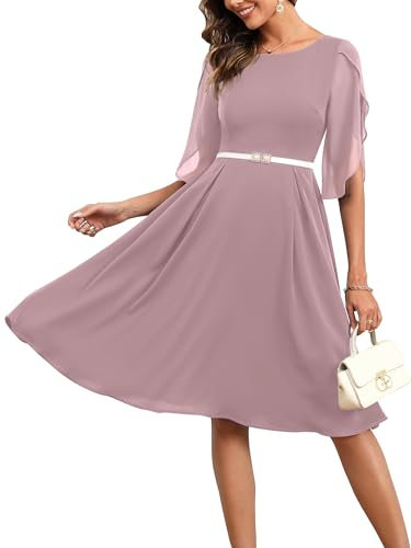 Missufe Dam cocktailklänning festklänning aftonklänning chiffongklänning rockabilly knälång A linjer eleganta swingklänningar, Röda rosa, XS
