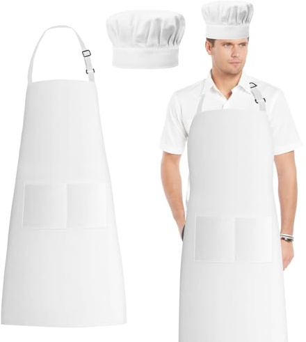Ensemble tablier et chapeau de chef blanc avec poches avant pour adulte, tablier réglable pour cuisine, pâtisserie, grillades, restaurant, accessoires d'Halloween et de cosplay pour homme et femme,