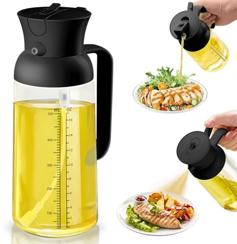 Spruzzino Olio per Friggitrice Aria, 2 in 1 Spruzzatore Olio da Cucina, 550ml Vetro Oliera Spray con Scala di Misurazione, Nebulizzatore Olio per Friggitrice Ad Aria, Insalata, BBQ, Grill (Nero)