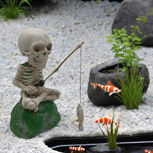 Halloween Fishing Skelett Statue Gartendeko Figuren,Halloween Gartenfiguren Teich Deko,Lustige Angeln Figur Harz Gartenstatuen,für Schlafzimmer Wohnzimmer Terrasse Balkon Rasen Gartenteich Deko (C)