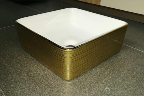 MEJE 37x37x13CM Luxury Gold Stripes SquareBathroom Vessel Sink, Above Counter Countertop Vanity Sink,Porcelain Ceramic Art Basin,Wash Basin for Lavatory Vanity Cabinet