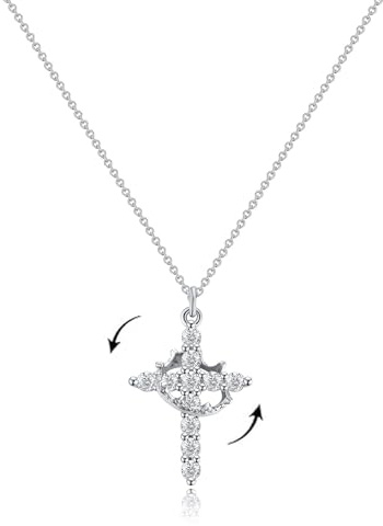 RIXERKOC Collar de la Cruz de la Corona para las mujeres 18K chapado en oro de rotación de la Cruz Colgante Collar de la Cruz de la Fe Joyería Joyería de moda Regalos (Plata)