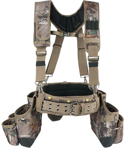 MELOTOUGH Camo Tool Belt with Suspenders Camouflage Tool Bag Supenders Framers Comb Apron Tool Belt Construction Tool Pouch Suspenders Heavy Duty Carpenter Suspension Rig for Electrician