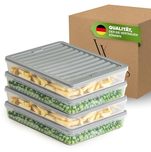Viwares Stapelbare Gefrierdosen 4er Set, Gefrierfach & Kühlschrank Organizer mit Deckel, Frostfest bis -25°C, Wiederverwendbare Frischhaltedosen, Lebensmittel frisch und geruchsfrei lagern