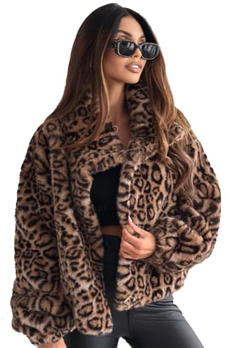 SUIUOI Damen Leoparden Mantel, Elegant Langarm Plush Parka Pelzmantel Fleecejacke Warm Winter Winterjacke mit Tasche Outwear Casual Plüschjacke mit Leopardenmuster