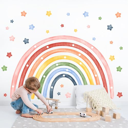 Tanlaby Wandtattoo Regenbogen XL Sterne Aquarell Mädchen | Boho Sterne Aquarell für Babyzimmer Mädchenzimmer Wohnzimmer Schlafzimmer