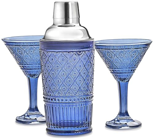 Godinger Cocktail Shaker and Martini Glasses Barware Gift Set, Martini Shaker and 2 Cocktail Glasses Set, Vintage Decor, Claro Collection, Blue