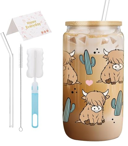 Joalpysm Gobelet en verre à motif de vache des Highland avec couvercles et pailles, cadeau pour femme et fille, tasse à café glacé pour eau, cocktail, whisky, soda et bière (A)