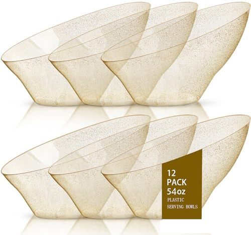 bUCLA 12 Pack Gold Glitter Plastic Serving Bowls - 20 OZ Disposable Snack, Fruit, Chip, Candy Angled Serving Bowls for Party & Thanksgiving