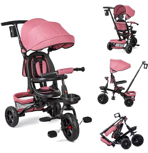 6 In 1 Baby Dreirad Kinderdreirad Mit Schubstange, Kinderdreirad für 9 Monate Bis 5 Jahre Mit Umkehrbarem Sitz, Ausklappbarem Verdeck Mit Sonnenschutz, Kinderwagen Faltbar, Babyfahrrad