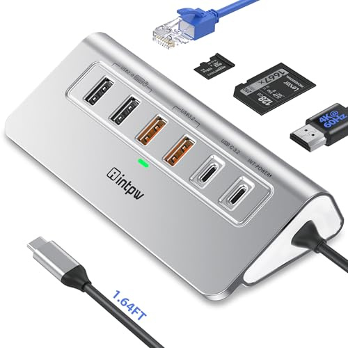intpw P9R PRO USB C Hub, 10-IN-1 USB C Docking Station with 4K@60Hz HDMI, 10Gbps Type C and USB A 3.2, 1Gbps Ethernet, 2 Type A 2.0, PD 100W, SD/TF Slot, Powered USB Hub for iPhone 16/15, MacBook Pro