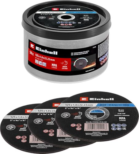 Original Einhell Disques à tronçonner pour le métal, 50 pièces, Ø 125 mm en boîte (tronçonnage rapide, travail du métal, coupe légère, certifiés MPA, indépendamment de la marque)