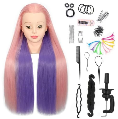 Testa di manichino in fibra sintetica con morsetto per acconciature, 66-71 cm, per allenamento, cosmetologia, con supporto a morsetto (pnik e viola)