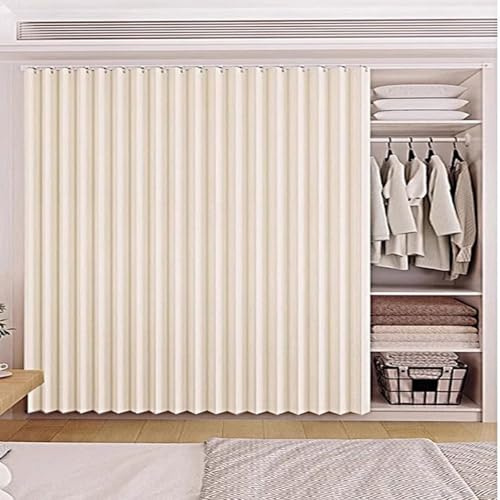 Cortina Cocina Puerta Plegable, Cortinas para Armario Dormitorio Sin Puertas, Cortinas Debajo del Fregadero con Rieles Deslizantes, Cortina Multifuncionales(Beige,90x180cm)