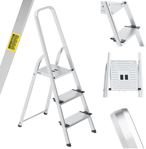Bayersystem Aluminiumleiter 3-stufig, Stufenleiter, mit Breiten Stufen, leicht, klappbar, tragbar, robust, Belastbarkeit 150 kg, mit breiter Plattform, Multifunktionsleiter Haushalt, Büro und Lager