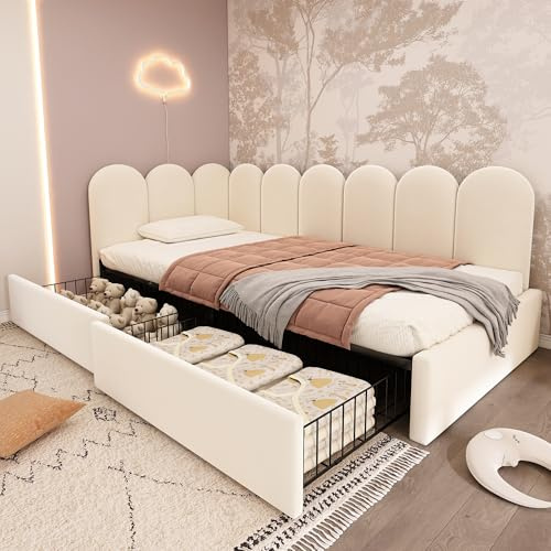 Merax Single Beige Upholstered Bed, 3ft Single Sofa Day Bed with Storage-2 drawers on wheels, with interchangeable Upholstered Fence, Slatted Frame, for Adults Children, Velvet/90x190cm(No Mattress)