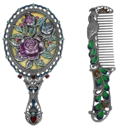 VICASKY Vintage Schminkspiegel im Rosendesign mit Griff, Silber | Zinklegierung, 1 Satz, Tragbar und Leicht Mitzunehmen, für Alltag und Schmuckgeschäfte Zufällige Farbe