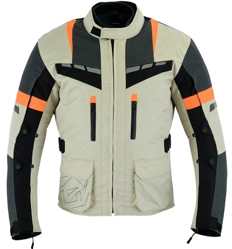 SAGA MOTO Men’s Motorcycle Jacket – Waterproof Cordura Textile Biker Coat with CE-Approved Armour, 4-Season Riding Protection (US, Alpha, X-Large, Regular, Regular, Beige)