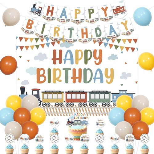kreat4joy Train Birthday Decorations, Vintage Steam Train Happy Birthday Backdrop Banner Cake Cupcake Toppers Balloons for Retro Railway Railroad Transportation Traffic Theme Party Decor