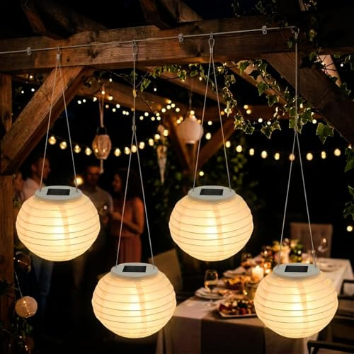 LED Solar Lampion rund 12 cm aus Nylon - 4er Set | Garten Deko Beleuchtung, warm weiß, wetterfest, Solarleuchte Laterne