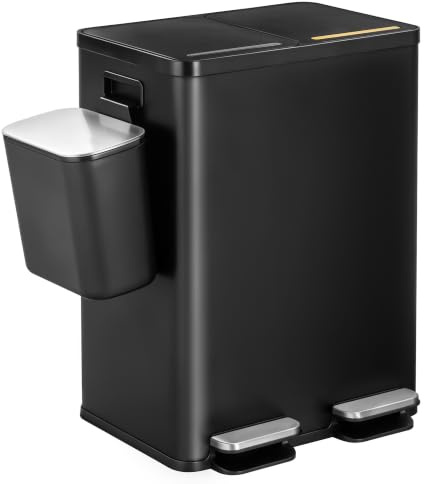 Hzuaneri Mülleimer Küche, 2 x 30 L+7 L, Mülltrennsystem 2 Fächer mit 7 L Komposteimer, Abfalleimer mit Soft-Close-Deckel und Pedal, Inneneimer Herausnehmbar, Edelstahl, Aufkleber, Schwarz SW23299B