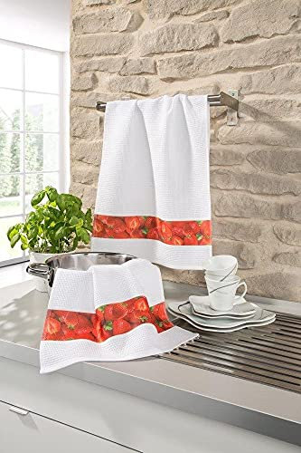 MONKEY CLEAN® 2er Set Waffelpiqué-Geschirrtücher I Baumwolle I 5 Designs (50x70cm), Design:Erdbeere