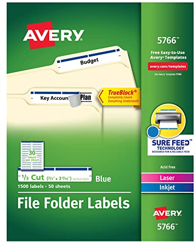 Avery TrueBlock File Folder Labels, 2/3 x 3-7/16, 1,500 Printable Labels, White/Blue, Permanent (5766)
