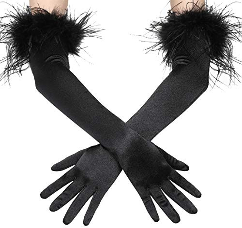 Coucoland Long Satin Feather Gloves - 1920s Style Bridal & Fancy Dress Elbow Length Classic Opera Gloves
