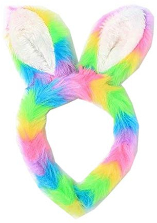 21Fashion Haarreif für Mädchen, Regenbogen-Hasenohren, Kunstfell-Kopfbedeckung, ausgefallenes Kostüm, Kaninchenohren, Regenbogen-Stirnband OS