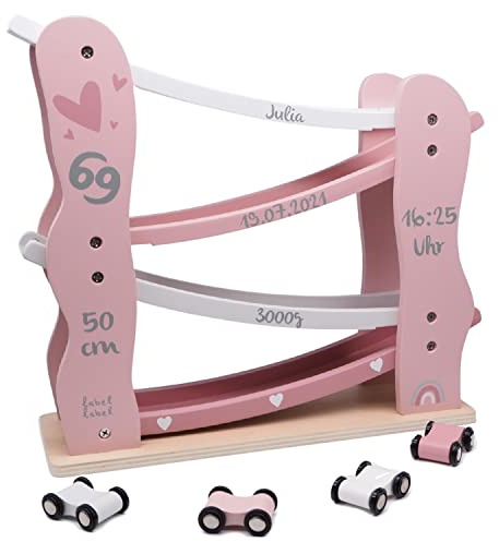 Label Label Kugelbahn inkl. Autos rosa - personalisiert I Geschenk zur Geburt & Taufe I Kugelbahn Holz ab 1 Jahr I Personalisierte Geschenke Baby I Murmelbahn Holzmit Name & Geburtsdaten