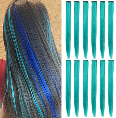Fcysws 12 Stück Farbige Clip In Haarverlängerungen,21inch,Türkis | Einfache Anwendung,Nicht verblassen,Clip in der Installation,Leichtes Gewicht,Natürlicher Look,Geschenk,Mädchen Haarzubehör