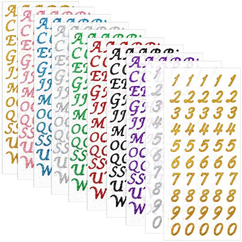 Outus Glitzer-Zahlen-Aufkleber, bunt, selbstklebend, Heißprägen, DIY, Buchstaben-Etiketten, Grußkarte, Glitzer-Aufkleber für Heimdekoration, Bastelbedarf, 10 Blatt