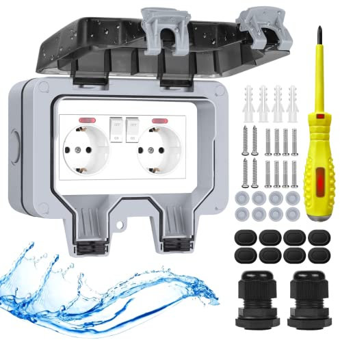 Deep Outdoor Socket Waterproof Socket IP66 with Switch Indicator Light, Weatherproof Outdoor Socket Surface-Mounted Outdoor Socket Garden Wall Socket with Lockable Hinged Lid Double Socket DE