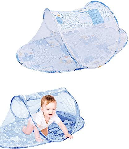 Zanzariera Per Lettino Da Viaggio - Neonati Portatile Tenda Sole Pop Up Pieghevole Culla Bambini Autoportante Con Cerniera Adatta Alla Famiglia Viaggi All'Aperto Blu 108 * 60 * 38cm