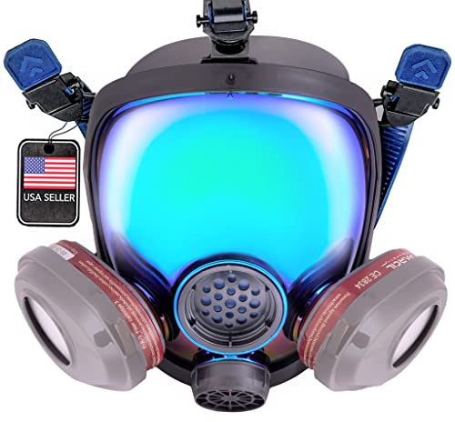 Parcil Distribution PD-101 Arctic Blue Mirrored Full Face Organic Vapor & Particulate Respirator - Dual Activated Charcoal Filtration - Full Face Eye Protection Mask