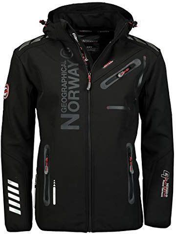 Geographical Norway ROYAUTE Men Softshell-jacka för herrar, vattentät jacka med huva, utomhus, vindjacka, taktisk jacka, Brandiing-produktion, Svart / svart, S