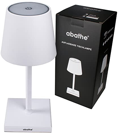 abathe LED Akku Tischleuchte classic - dimmbar, kabellos, USB aufladbar, warme 2700K - sichtfreie Höhe von 26cm - 24h Leuchtdauer - Outdoor Akku-Tischlampe für drinnen und draußen IP54 – weiß