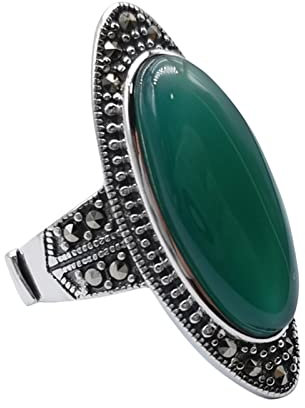 KnSam Ringe 925 Silber, Breit Form Silber Ringe Verlobung für Damen, Gothic Ring mit Stein Grün Oval Form, Verstellbar, Echtschmuck