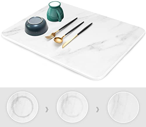 Stone Drying Mat for Kitchen Counter, Super Absorbent, Heat Resistant Dish Drying Mats, Eco-Friendly Diatomaceous Earth Stone Rack Tableware Mat (15.7x11.8 inch, Whtie Marble)