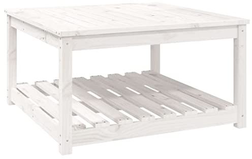 Makastle Gartentisch Kaffeetisch Terrassentisch Beistelltisch Couchtisch Balkontisch Loungetisch mit Ablage, Garten Tisch für Indoors/Outdoors, Weiß 82,5x82,5x45 cm Massivholz Kiefer