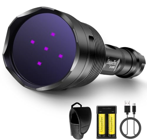 UniqueFire 365nm Blacklight UV Torch with 5 LEDs, Professional UV Light, 50W Powerful Blacklight Flashlight, Rechargeable for Pet Urine Search & Minerals, Antique