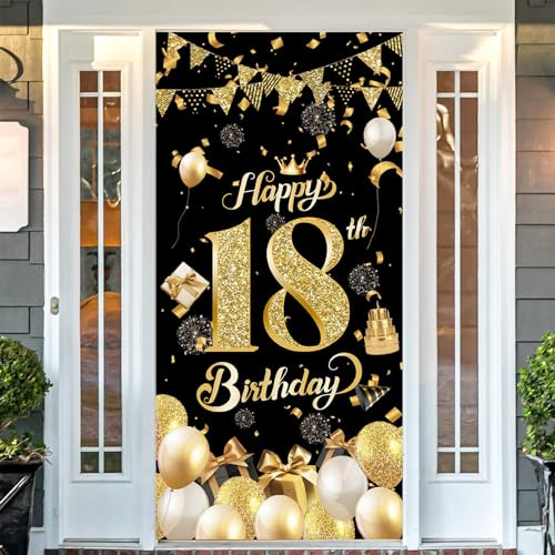 POPOYU 18. Geburtstag Deko,Großer Stoff 18. Geburtstagsfeier Dekorationen,Schwarzes Gold 18. Geburtstag Banner Hintergrund Fotohintergrund Poster