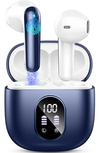 Cuffie Bluetooth, 2025 Auricolari Bluetooth 5.3 con Stereo HiFi, Cuffie Wireless in-ear con 4 ENC Mic, Cuffiette Sport LED Display Cuffie Senza Fili Touch Control Earbuds 50H per Android iOS Blu