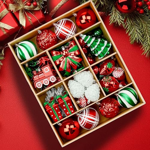 Alupssuc 82CT - Ensemble de Boules de Noël personnalisées, Boules incassables pour Sapin de Noël, fêtes, Mariages et décorations de Noël avec ficelles pré-suspendues, Rouge, Vert et Blanc